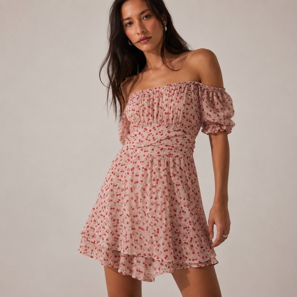 Trixxi Cherry Print Romper Womens Size S Pink Red Fruit Summer Y2K Kawaii Girly